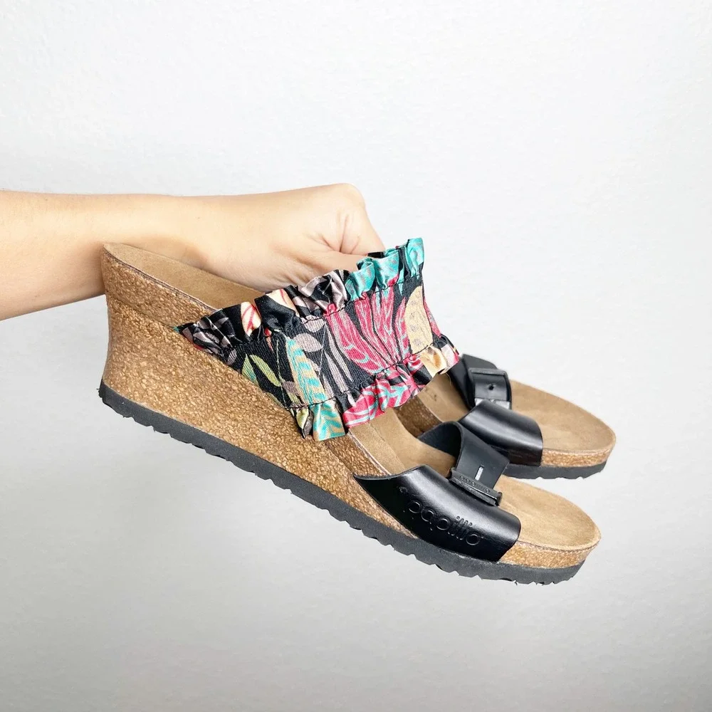 Papillio Birkenstock Black Tropical Floral Ruffle Cork Wedge Sandals Womens 38
